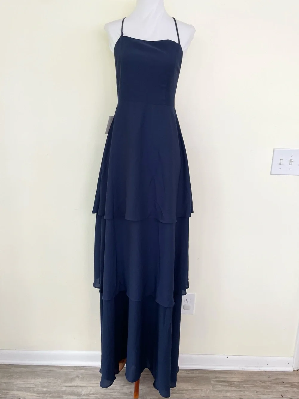 NWT Show Me Your Mumu Calypso Ruffle Tiered Dress M Medium Navy Blue Open Back